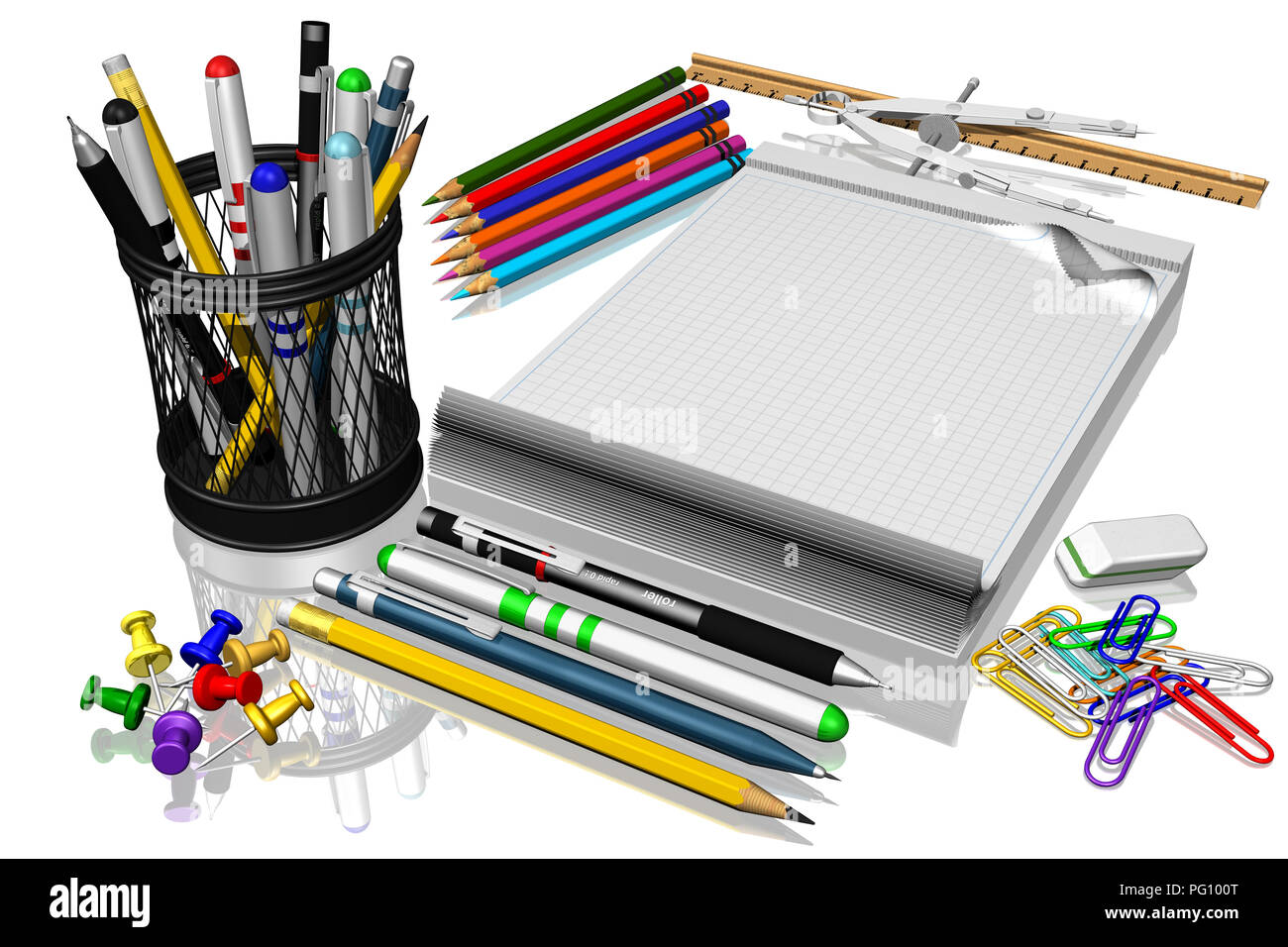 3D-Darstellung. Schreiben Materialien in Schulen, Hochschulen, Büro. Stockfoto