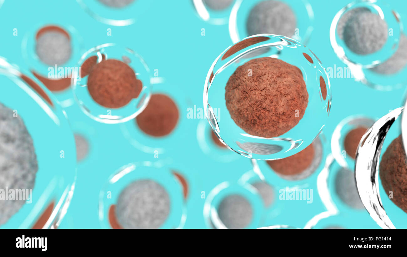 3-D-Zellen auf blauem Hintergrund. Wissenschaft und Biologie 3D-Rendering Stockfoto