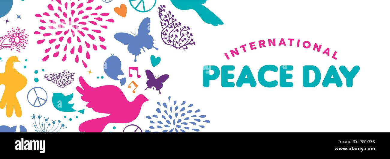 Internationaler Friedenstag web social media Banner Abbildung, bunte friedliche Symbole in der Hand gezeichneten Stil mit Typografie Zitat. Taube Vogel, Natur Dez Stock Vektor