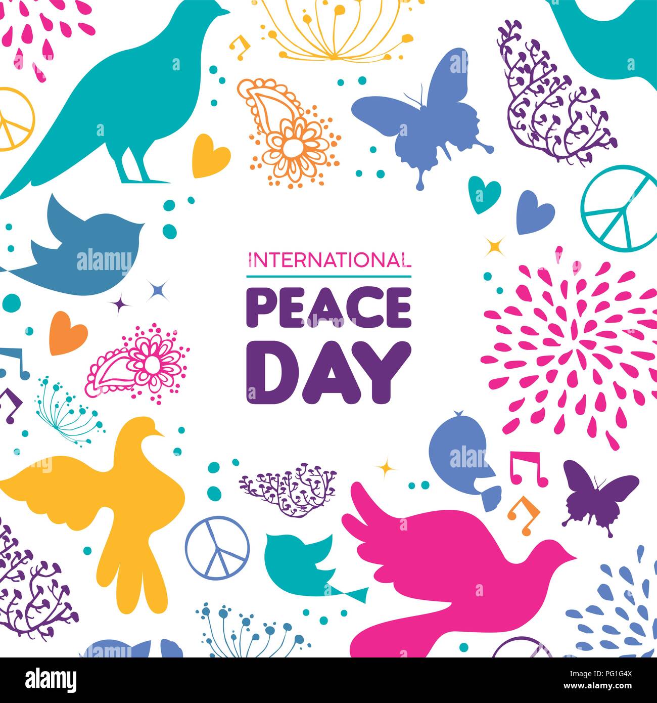 Internationaler Friedenstag Abbildung, bunte friedliche Symbole in der Hand gezeichneten Stil mit Typografie Zitat. Hoffnungsvoll Taube, Natur Dekoration und Feder pl Stock Vektor