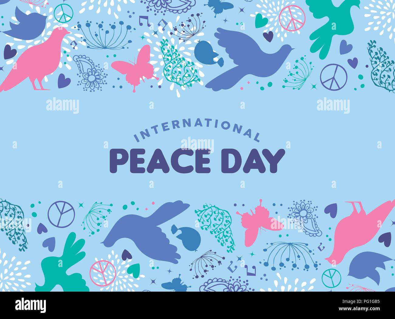 Internationaler Friedenstag Karte Abbildung, taube vogel Hand gezeichnet doodle Dekoration mit Frühling Natur Elemente für spezielle hoffnungsvollen Feier. EPS 10v Stock Vektor