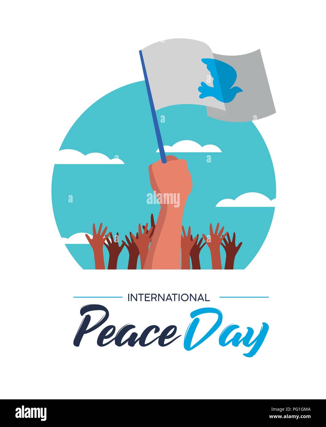Internationaler Friedenstag Illustration, Welt Freiheit Feier für Jedermann. Gruppe von Menschen die Hände mit weißen Fahnen und Pigeon in speziellen pazifistische Ev Stock Vektor