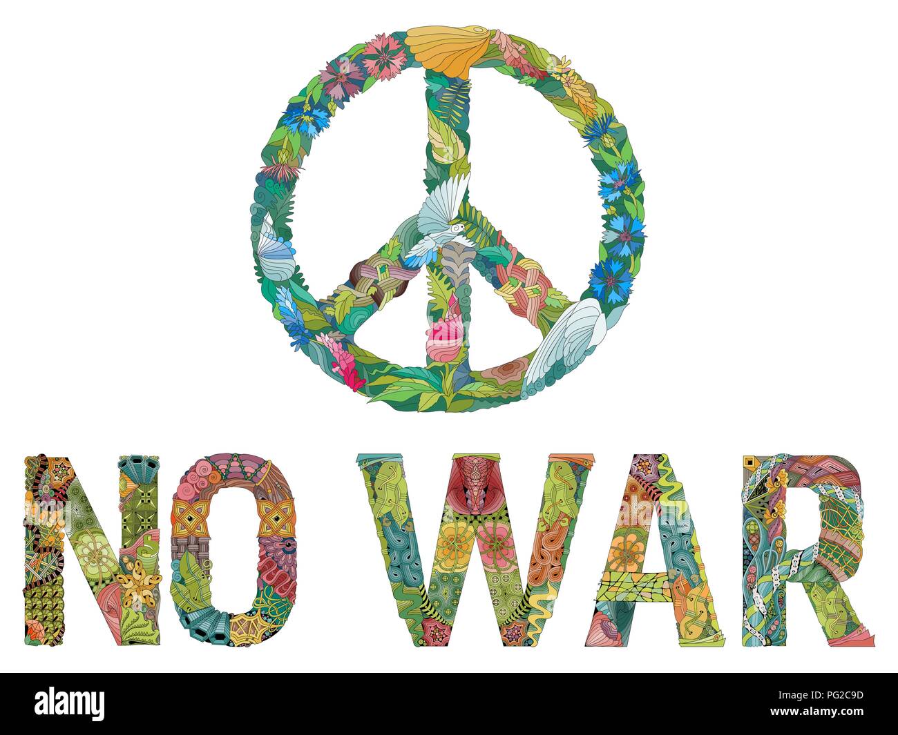 Zentangle stilisierten Zeichen des Friedens mit Worten keinen Krieg. Hand gezeichnet bunte Spitze Vector Illustration Stock Vektor