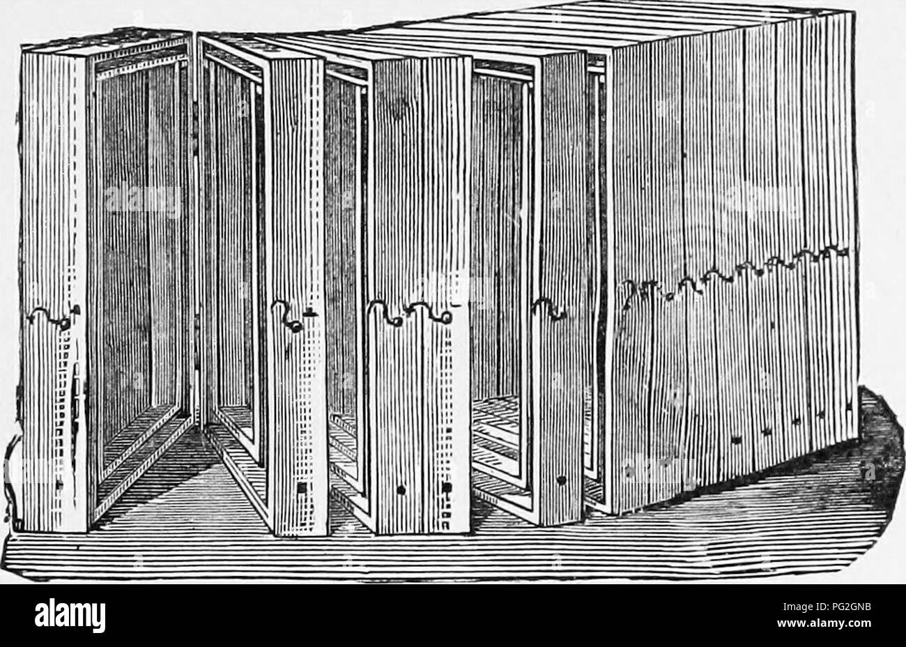 . Langstroth auf dem Hive und Honig-Biene. Bienen. MOV. BLE-PRAME NESSELSUCHT. 141. Diese Struktur kann nicht liefern die überzähligen Honig in einer Form, die die meisten verkaufsfähige Hi unsere Märkte, oder die Aufnahme von sicheren Transport in den Kamm. Trotz dieser Nachteile Vorteile, es hat einen großen Triumph in Deutschland erreicht, und einen neuen Impuls für den Anbau von Bienen. Movable-Frame Nesselsucht. 384. Vor rund einhundert Jahren, Huber erfand das Blatt-Hive, die ihm ermöglichten, seine Entdeckungen zu machen. Es con-Sisted von 12 Frames, die jeweils ein Zoll, und ein Viertel in der Breite. Abb. 58. Die HUBER LflAF Bienenkorb. Die connec Stockfoto