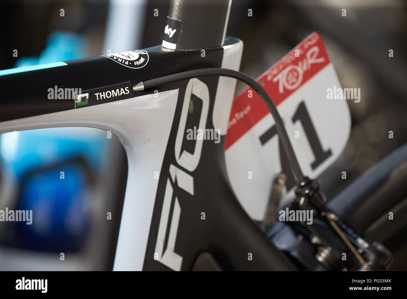 Koblenz, Deutschland. 23 Aug, 2018. Radfahren, UCI Europäische Serie, Deutschland Tour, Koblenz - Bonn (157, 00 Km), Phase 1. Das Motorrad von geraint Thomas aus Großbritannien von Team Sky ist vor der Tour Bus. Quelle: Thomas Frey/dpa/Alamy leben Nachrichten Stockfoto