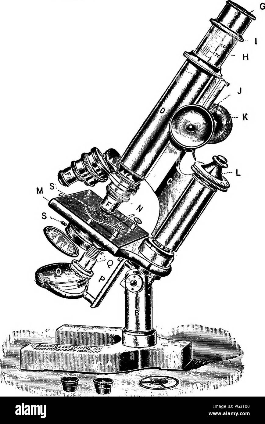 . Elemente der angewandten Mikroskopie. Ein text-Buch für Anfänger. Die Mikroskopie. 18 ELEMENTE DER ANGEWANDTEN MIKROSKOPIE.. A. in der Basis. B. in der Säule. C-Arm. D. in der Tube. E. in der Kragen. F. Ziele. G. Okular. H. in der Zeichnen-Tube. Z, Zeichnen - Rohr. Abb. 15.-^ Das Mikroskop. j^'r Grobeinstellung. L. in der Feineinstellung. M. in der Bühne. N. Federklemmen. O. Spiegel. S. Mirror Bar. Q. in der Unterstufe. S, Membran.. Bitte beachten Sie, dass diese Bilder sind von der gescannten Seite Bilder, die digital für die Lesbarkeit verbessert haben mögen - Färbung und Aussehen dieser Abbildungen können nicht perfekt dem Original ähneln. extrahiert. Winslow, C Stockfoto