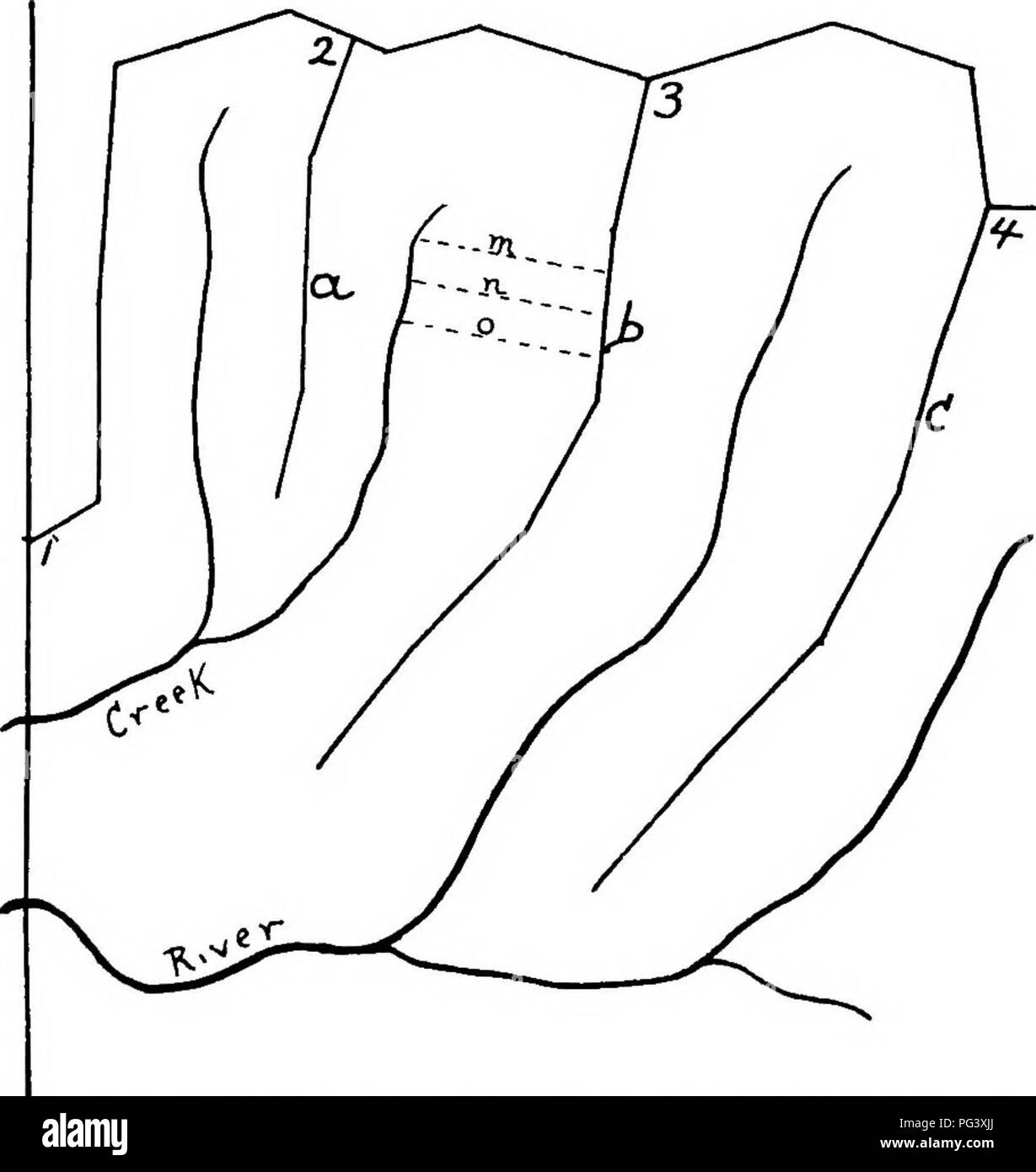 . Michigan Handbuch der Forstwirtschaft;. Wälder und Forstwirtschaft. rOREST DIVISION 39 Mängel der vorläufige Erhebung, wie oben angegeben. Da die Zuordnung und Beschreibung im Detail geschehen ist, diese Methode ist eine Kombination aus extensiver und intensiver Arbeit, mit zweifelhaften Justi-isierung.*. Abbildung ich. Primäre und Sekundäre "Steuern" oder Base-Linien. Linie 1, 2, 3, 4 ist hier Th "principal Line, a, b, c sind Nebenstrecken. Gepunktete Linien m, n, o sind die Linien der Crew der Schätzung und beschreiben das Holz. Bei mir ist ein Abschnitt Ecke, hier "tie-in." b. Nutzen und Wert der Subdivi Stockfoto