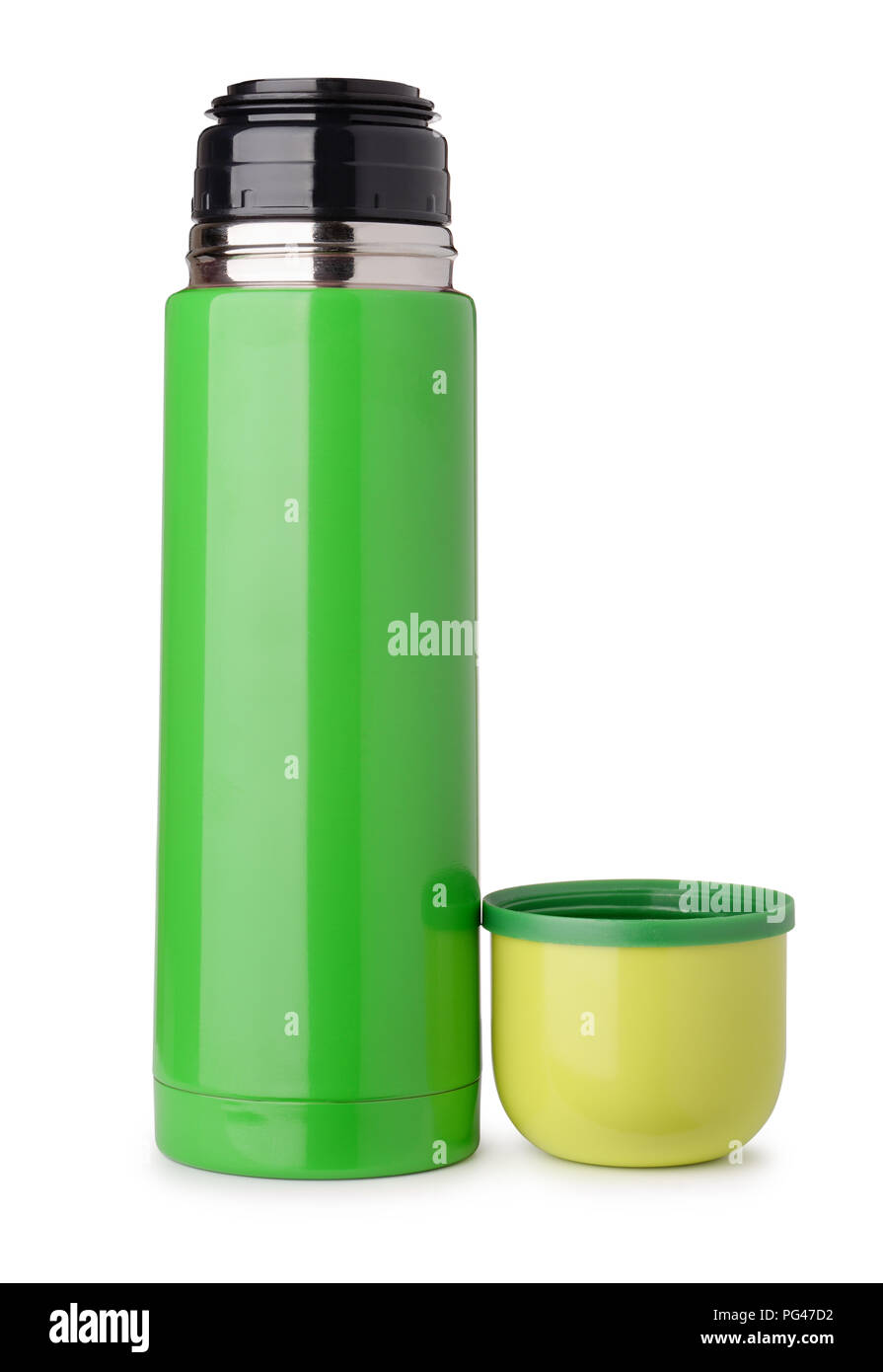 Vorderansicht des Grünen thermo Flasche isoliert auf weißem Stockfoto