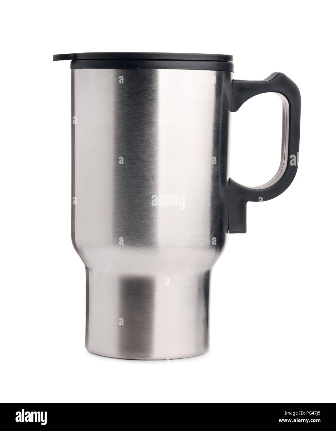Seitenansicht aus Edelstahl thermos Travel Mug isoliert auf weißem Stockfoto