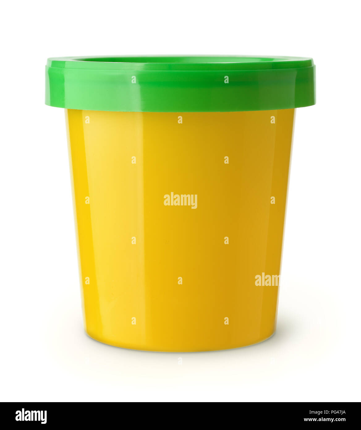 Vorderansicht des gelben Kunststoff Lebensmittel behälter isoliert auf weißem Stockfoto