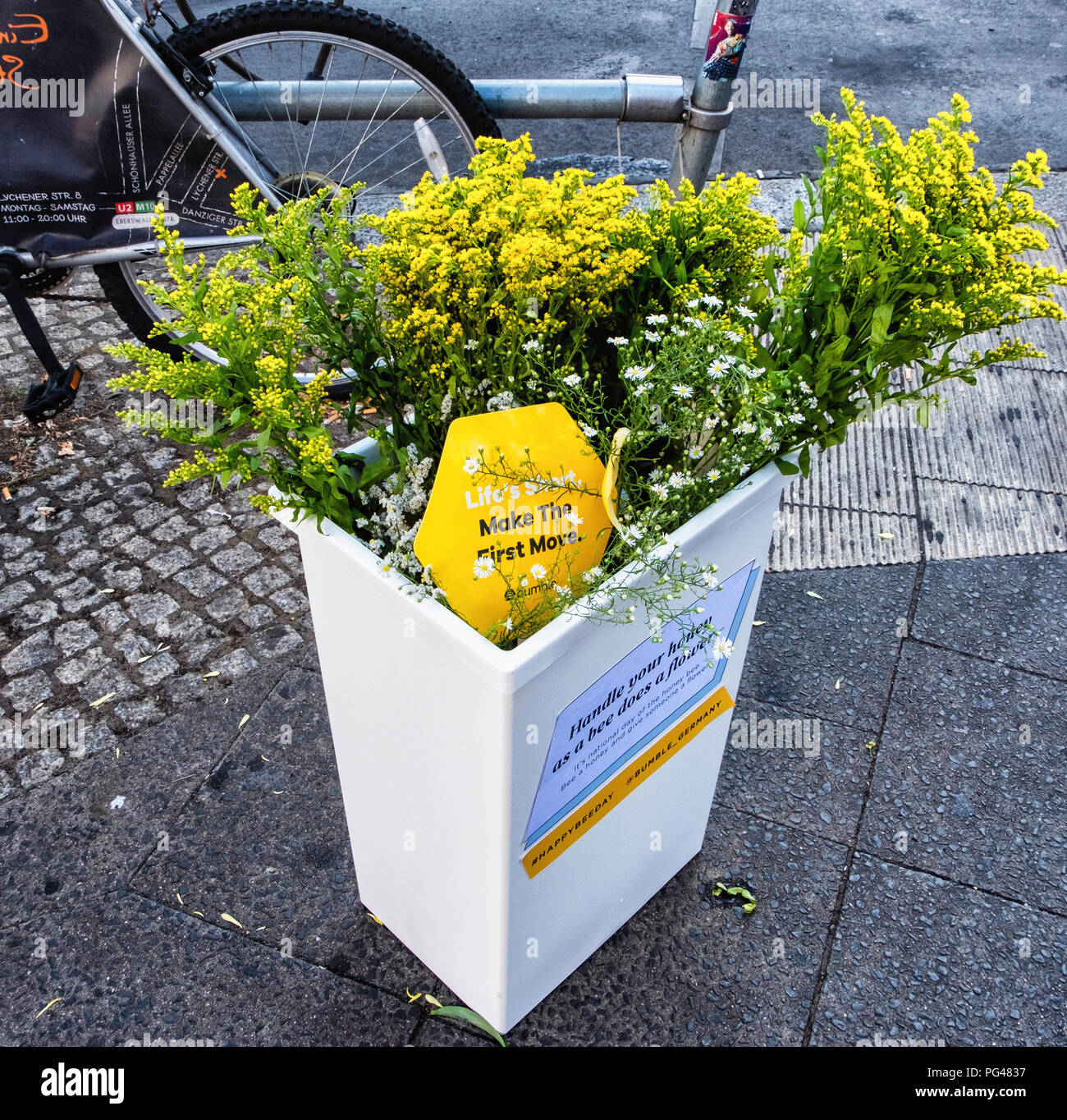 Berlin-Mitte, Rosenthalerplatz. Behälter mit Blumen auf der Straße Ecke auf nationalem Honey Bee Tag steigert das Bewusstsein für die Bienenzucht Industrie Stockfoto