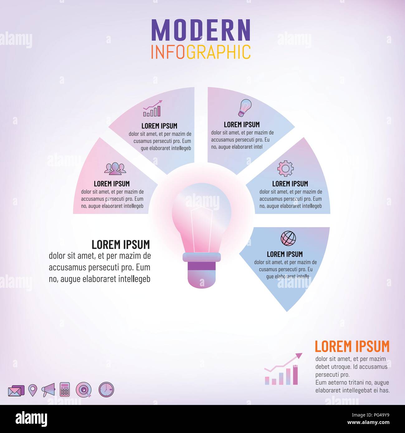Vector Illustration der Glühbirne Infografik Vorlage für Geschäftsidee Konzepte mit Kreis 5 Optionen, Schritte, Prozesse oder Teile. Stock Vektor
