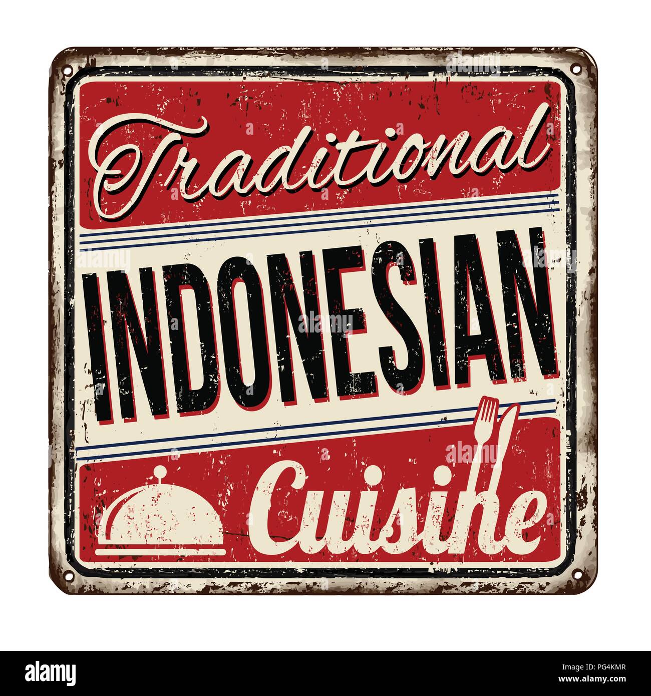 Traditionelle indonesische Küche vintage rostiges Metall Zeichen auf weißem Hintergrund, Vector Illustration Stock Vektor