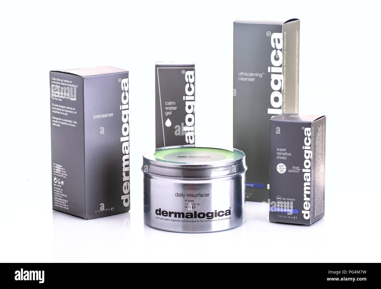 SWINDON, Großbritannien - 18 August, 2018: Dermalogica Skin Care Produkte auf weißem Hintergrund Stockfoto
