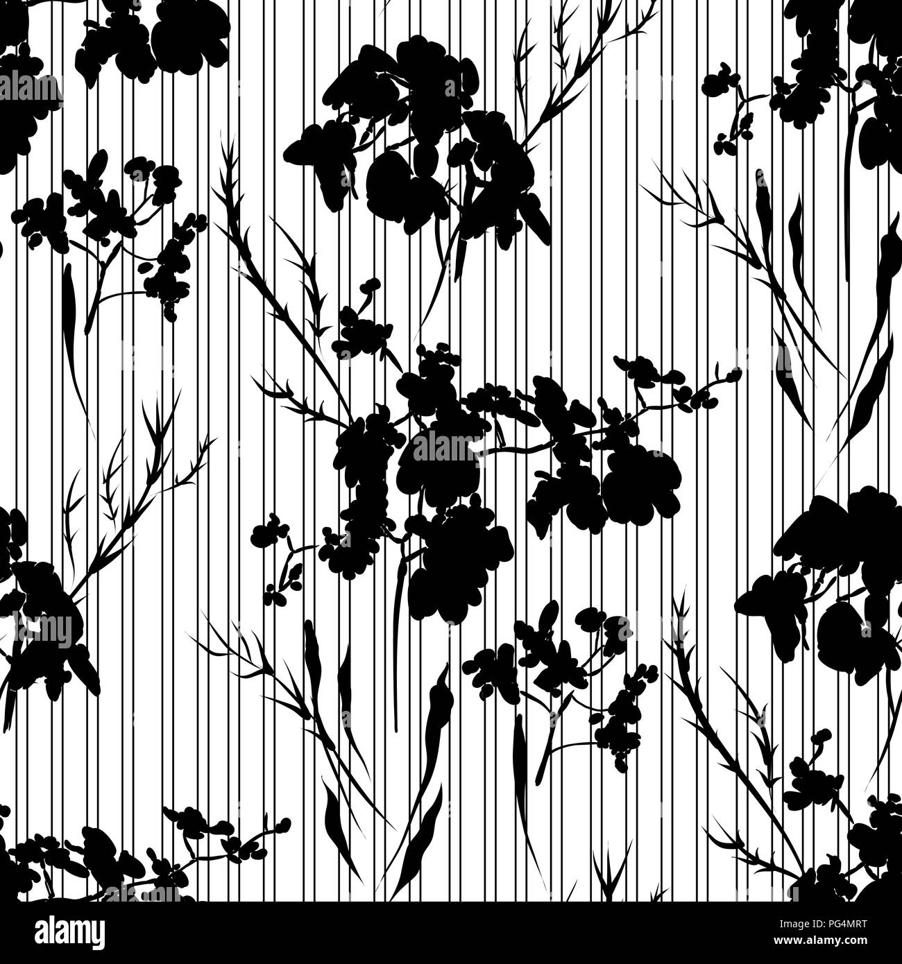 Florale nahtlose Muster mit unterschiedlichen Blumen und Blätter Silhouetten. Botanische Illustration von Hand gemalt. Textildruck, fabric Swatch, Umhüllung pa Stock Vektor