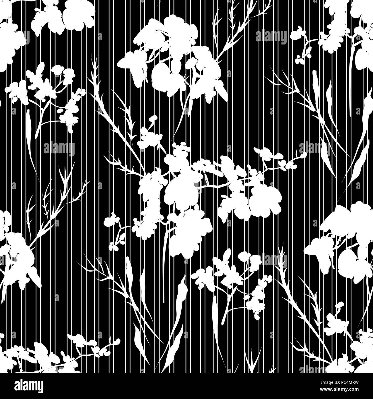 Florale nahtlose Muster mit unterschiedlichen Blumen und Blätter Silhouetten. Botanische Illustration von Hand gemalt. Textildruck, fabric Swatch, Umhüllung pa Stock Vektor