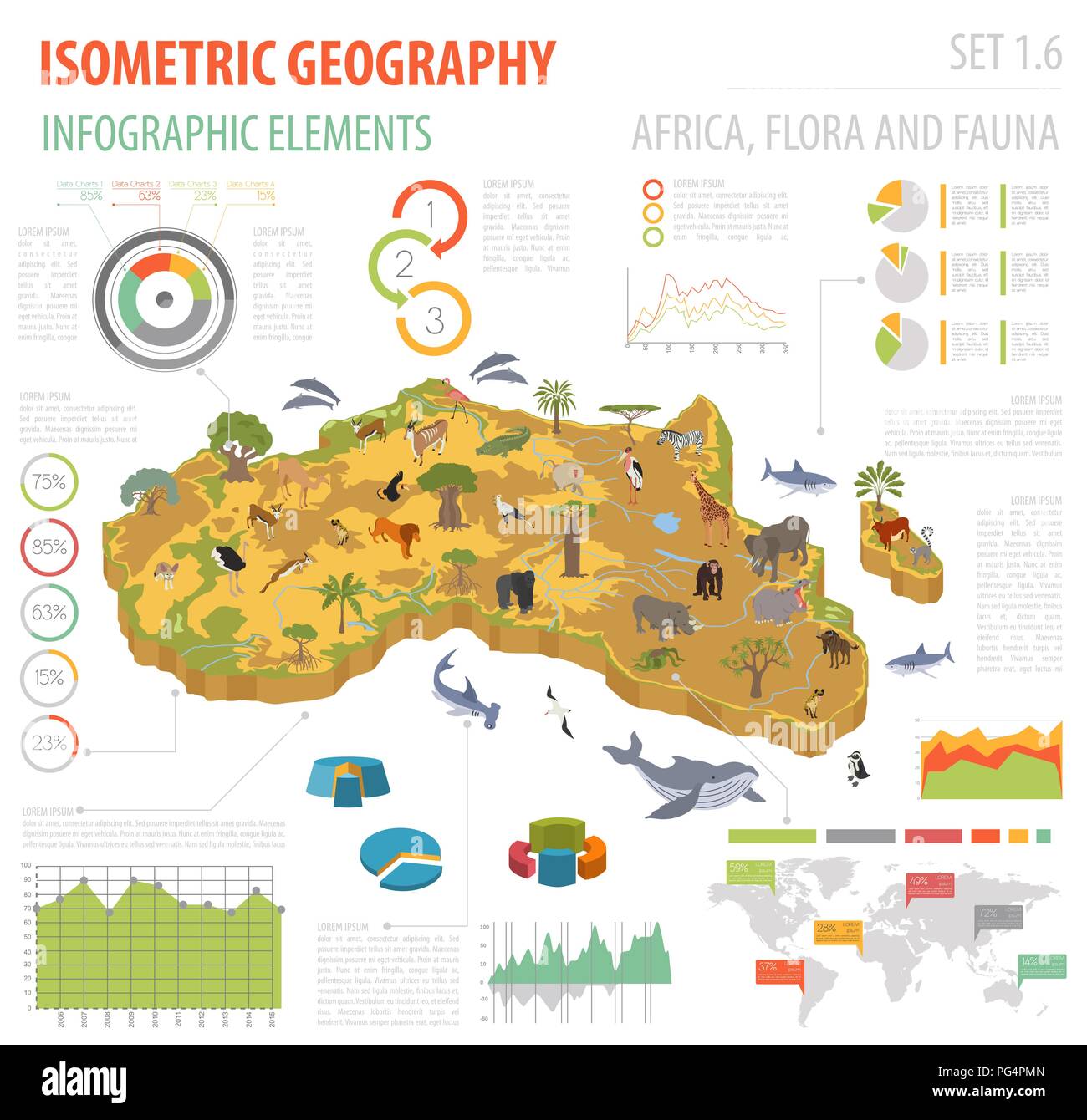 Wohnung 3 d isometrische Afrika Flora und Fauna Karte Konstruktor Elemente. Tiere, Vögel und Sea Life auf Weiß große isoliert. Erstellen Sie Ihre eigenen Geographie inf Stock Vektor