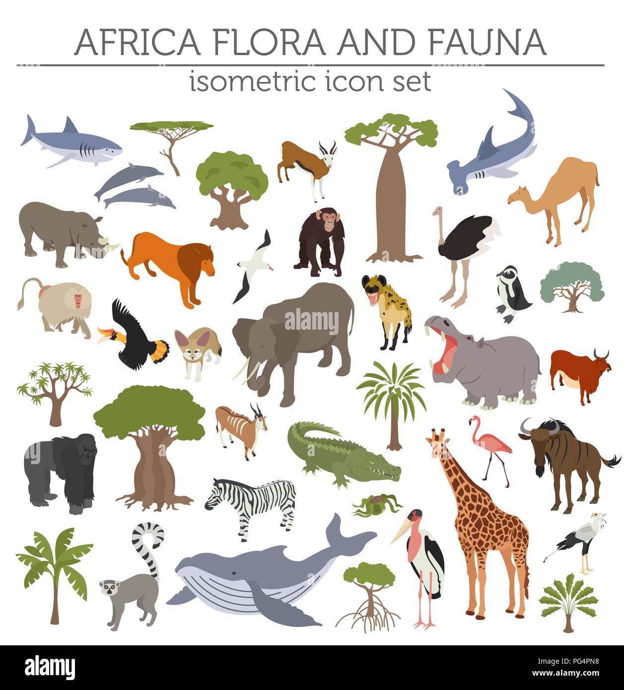 Wohnung 3 d isometrische Afrika Flora und Fauna Karte Konstruktor Elemente. Tiere, Vögel und Sea Life auf Weiß große isoliert. Erstellen Sie Ihre eigenen Geographie inf Stock Vektor