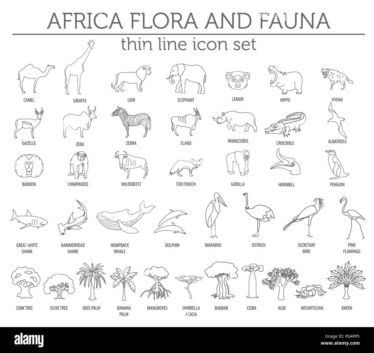 Dünne Linie Afrika Flora und Fauna Elemente. Tiere, Vögel und Sea Life auf Weiß große isoliert. Ihre eigene Geographie Infografiken Sammlung aufzubauen. Ve Stock Vektor
