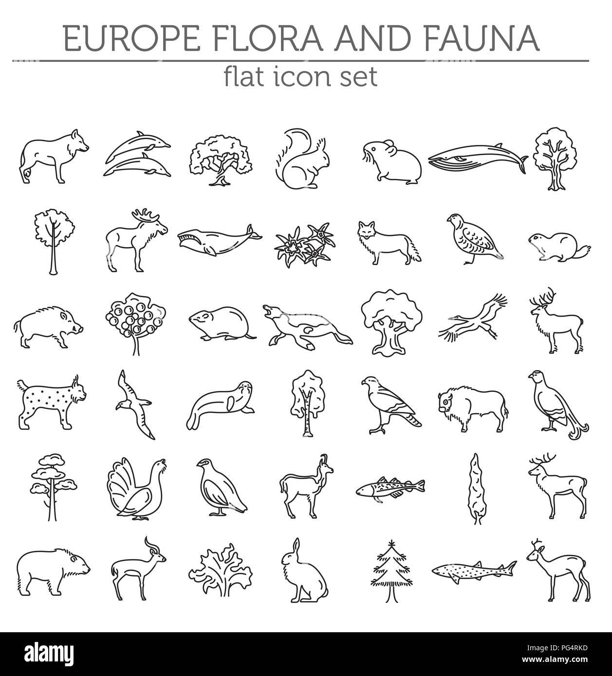 Flache europäischen Flora und Fauna Elemente. Tiere, Vögel und Sea life simple Line Icon Set. Vector Illustration Stock Vektor