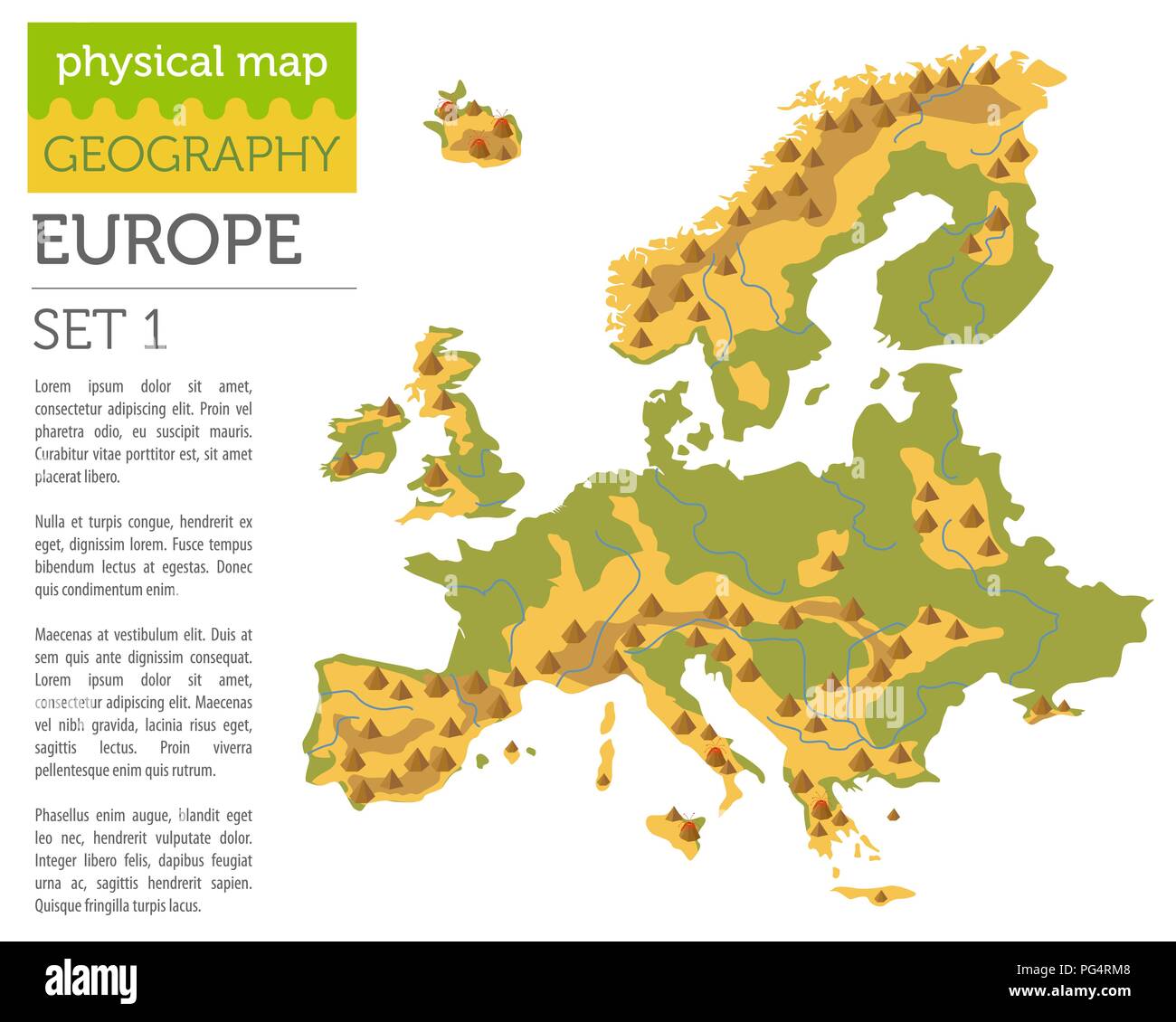 Flache Europa physische Karte Konstruktor Elemente auf Weiß isoliert. Ihre eigene Geographie Infografiken Sammlung aufzubauen. Vector Illustration Stock Vektor