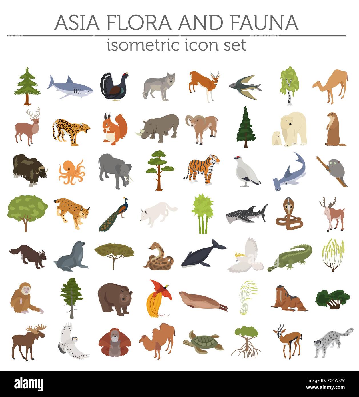 Isometrische 3d-asiatische Flora und Fauna Karte Konstruktor Elemente. Tiere, Vögel und Sea Life auf Weiß große isoliert. Erstellen Sie Ihre eigenen Geographie infograph Stock Vektor