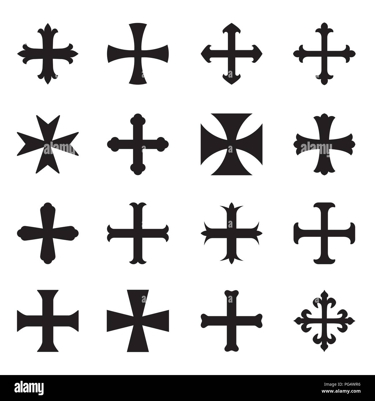 Christliche kreuze Symbole gesetzt. Verschiedene Formen. Auf einem weißen Hintergrund. Vector Illustration. Stock Vektor