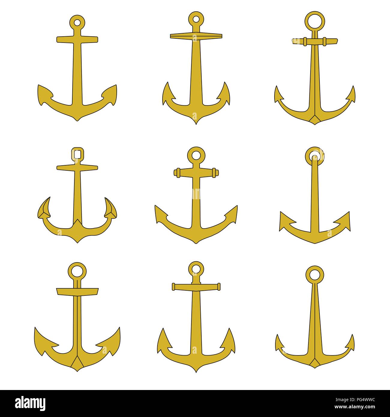 Anker Umrisse Symbole gesetzt. Marine und nautischen Embleme Sammlung. Stock Vektor