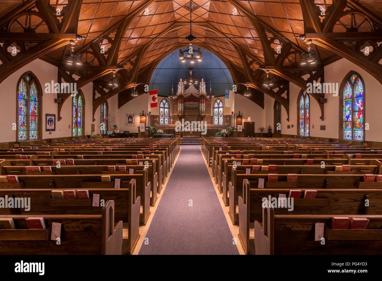 Innenraum der historischen zentralen Vereinigten Kirche auf Cumberland Street in Lunenburg, Nova Scotia Stockfoto