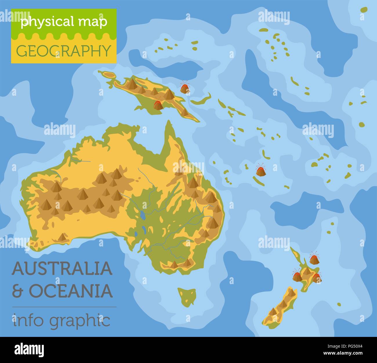 Australien und Ozeanien physische Karte Elemente. Ihre eigene Geographie info Graphische Sammlung aufzubauen. Vector Illustration Stock Vektor