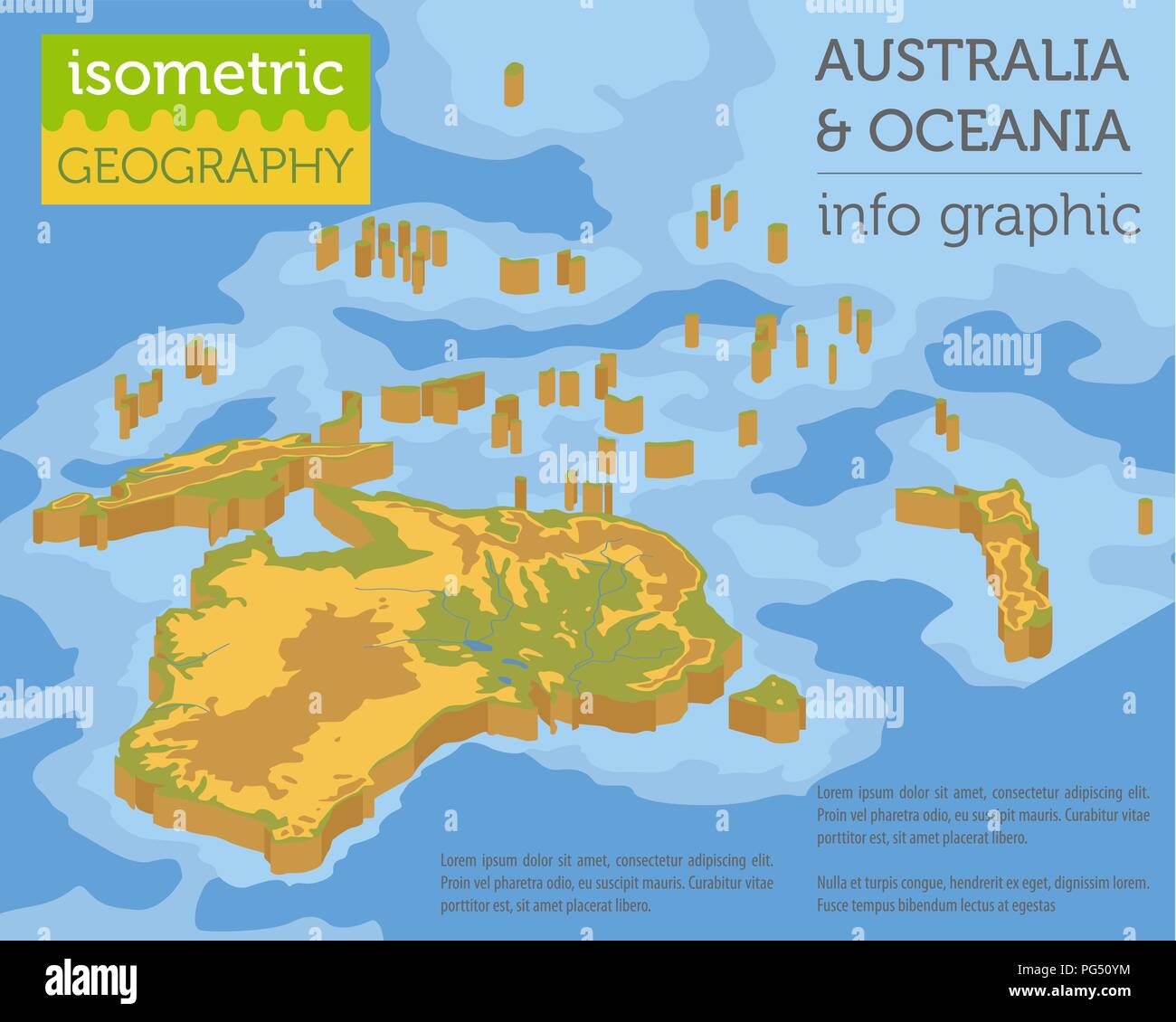 Isometrische 3d-Australien und Ozeanien physische Karte Elemente. Ihre eigene Geographie info Graphische Sammlung aufzubauen. Vector Illustration Stock Vektor