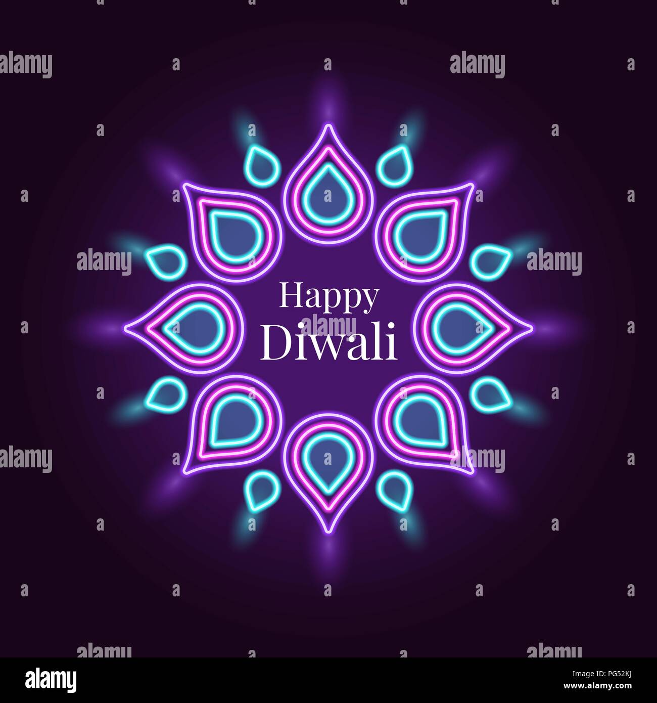 Happy Diwali, Banner in helles Neon Stil. Vector Illustration von Neon Rangoli mit Beleuchtung, Diwali Festival der Lichter. Indische Urlaub der Lichter, Stock Vektor