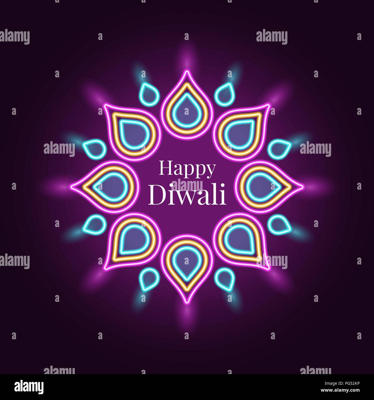 Happy Diwali, Banner in helles Neon Stil. Vector Illustration von Neon Rangoli mit Beleuchtung, Diwali Festival der Lichter. Indische Urlaub der Lichter, Stock Vektor