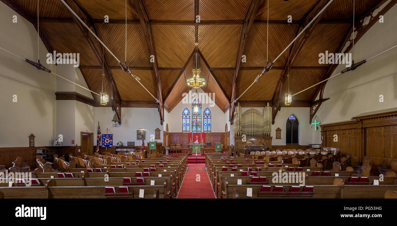 Innenraum der Zion Evangelisch-Lutherischen Kirche bei 65 Fuchs Straße in Lunenburg, Nova Scotia Stockfoto