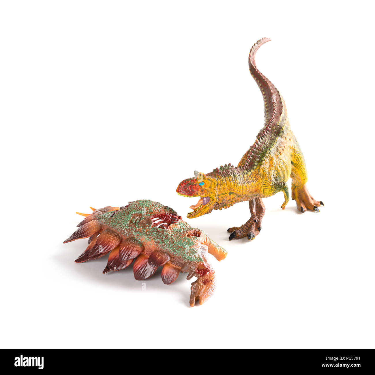 Carnotaurus mit einem stegosaurus Körper in der Nähe auf weißem Hintergrund Stockfoto