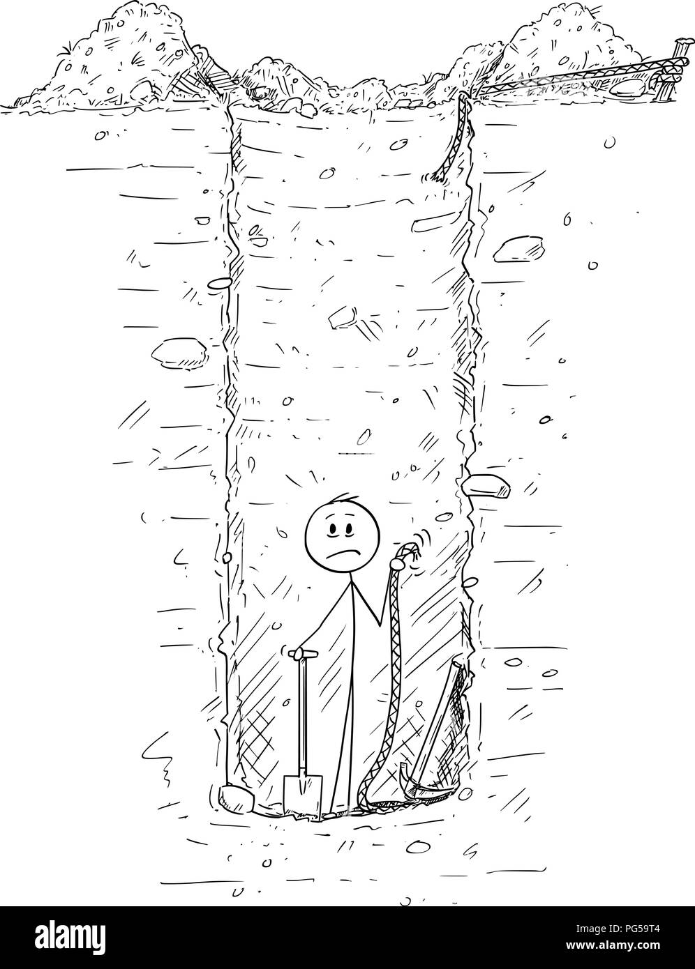 Cartoon des Menschen in das Innere Tiefe Bohrung oder Wasser gut er Graben im Boden Stock Vektor