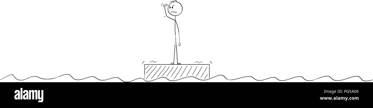 Cartoon von Mann oder Geschäftsmann, die alleine stehen auf dem Floß in der Mitte des Ozean Stock Vektor
