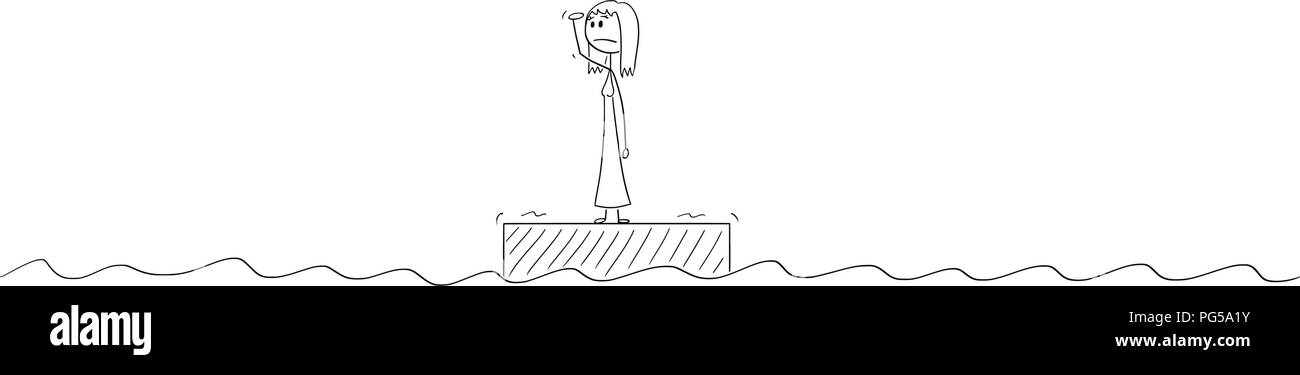 Cartoon von Frau oder Geschäftsfrau, die alleine stehen auf dem Floß in der Mitte des Ozean Stock Vektor