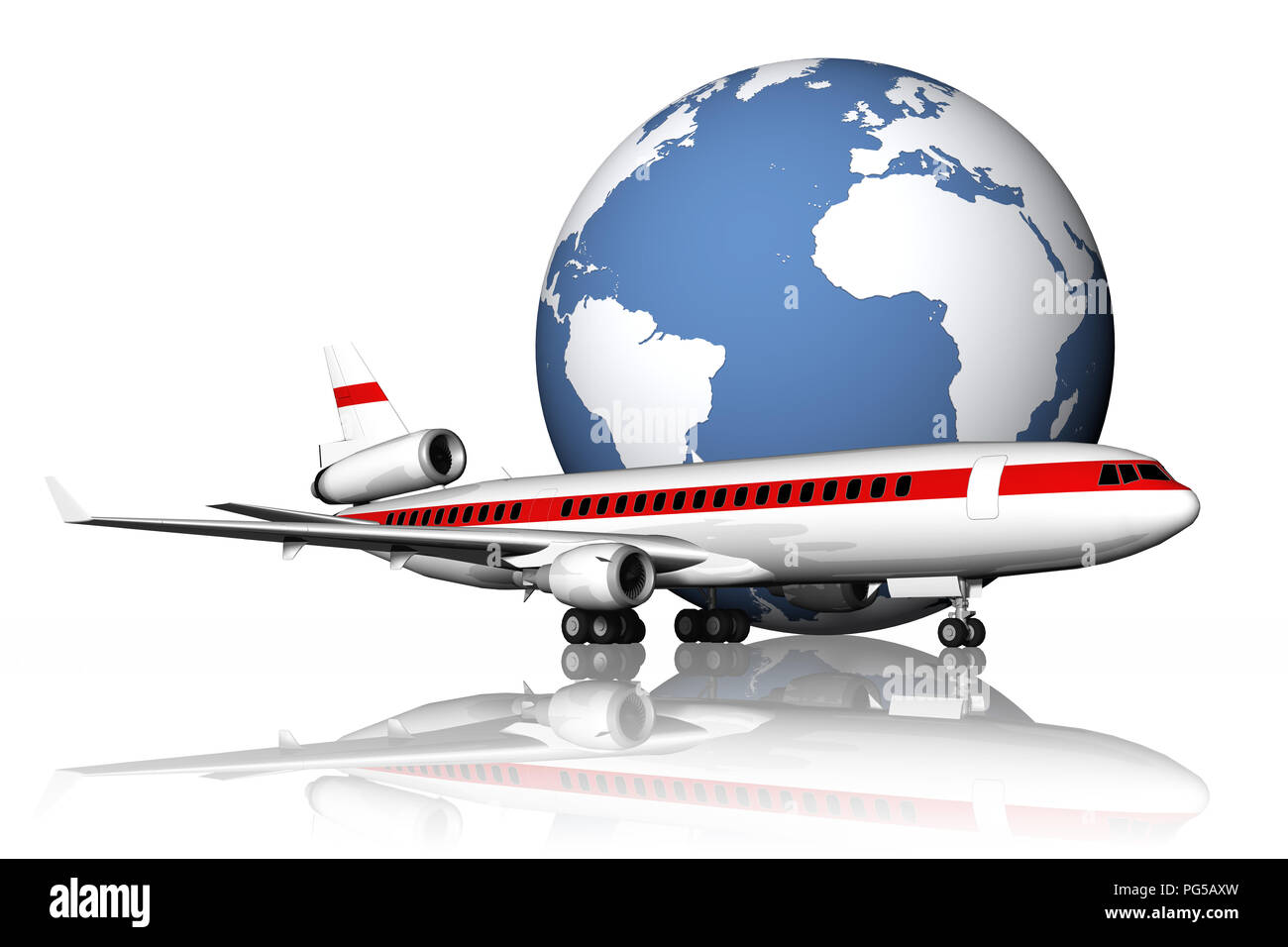 3D-Darstellung. Flugzeug mit dem Hintergrund über die Welt mit seiner möglichen Ziele. Stockfoto