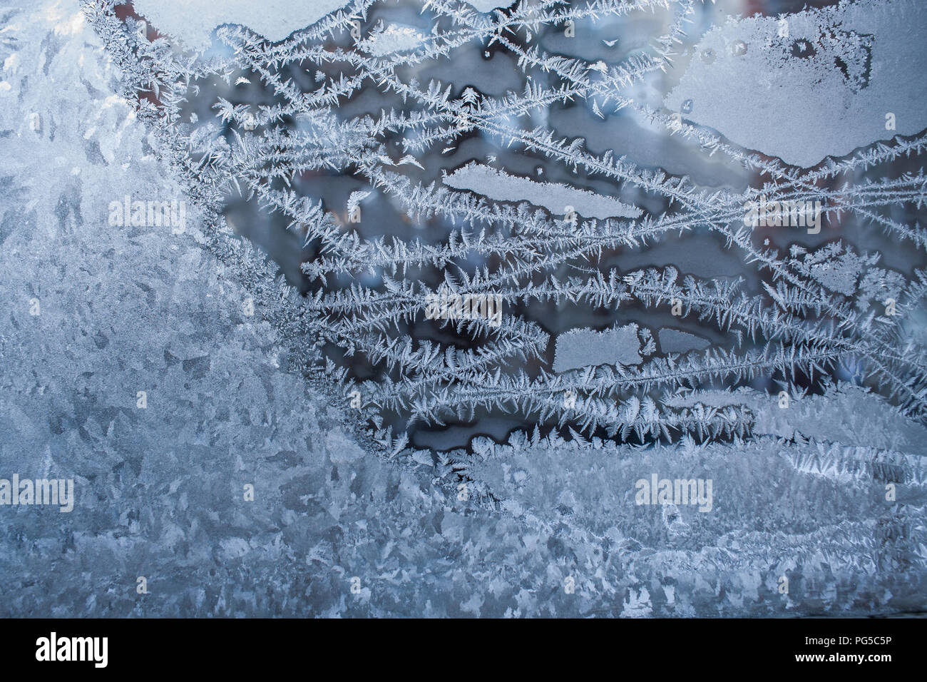 Bizarre weiße frostige Muster auf Winter Fenster. Stockfoto