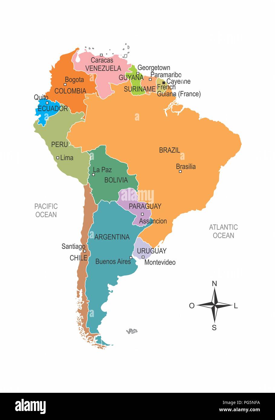 Bunte Karte von Südamerika mit Aufteilung der Länder und ihre Hauptstädte Stockfoto