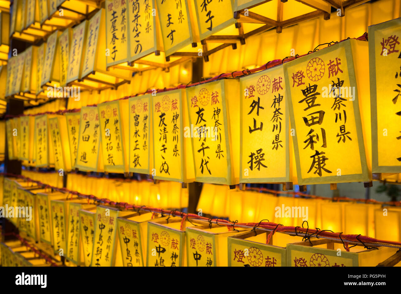 Laternen der 2018 Mitama Matsuri (Mitama Festival), einem berühmten japanischen Obon (Bon) Summer Festival. Yasukuni-schrein Ichigaya, Tokio, Japan. Stockfoto