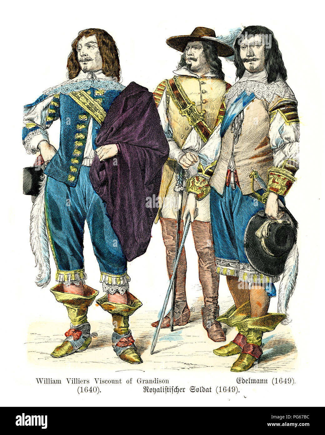 Mode von Mitte des 17. Jahrhundert in England. William Villiers, Vicomte von Grandison, Roylist Soldat, Edelmann 1649 Stockfoto