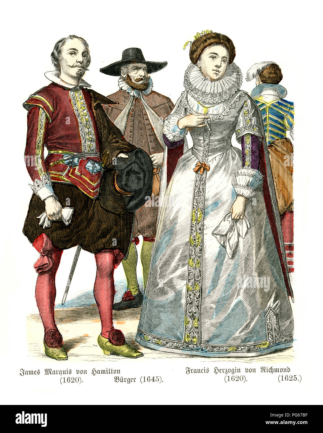 Mode von Mitte des 17. Jahrhundert in England. Marquis von Hamilton, Citizen, Herzogin von Richmond Stockfoto