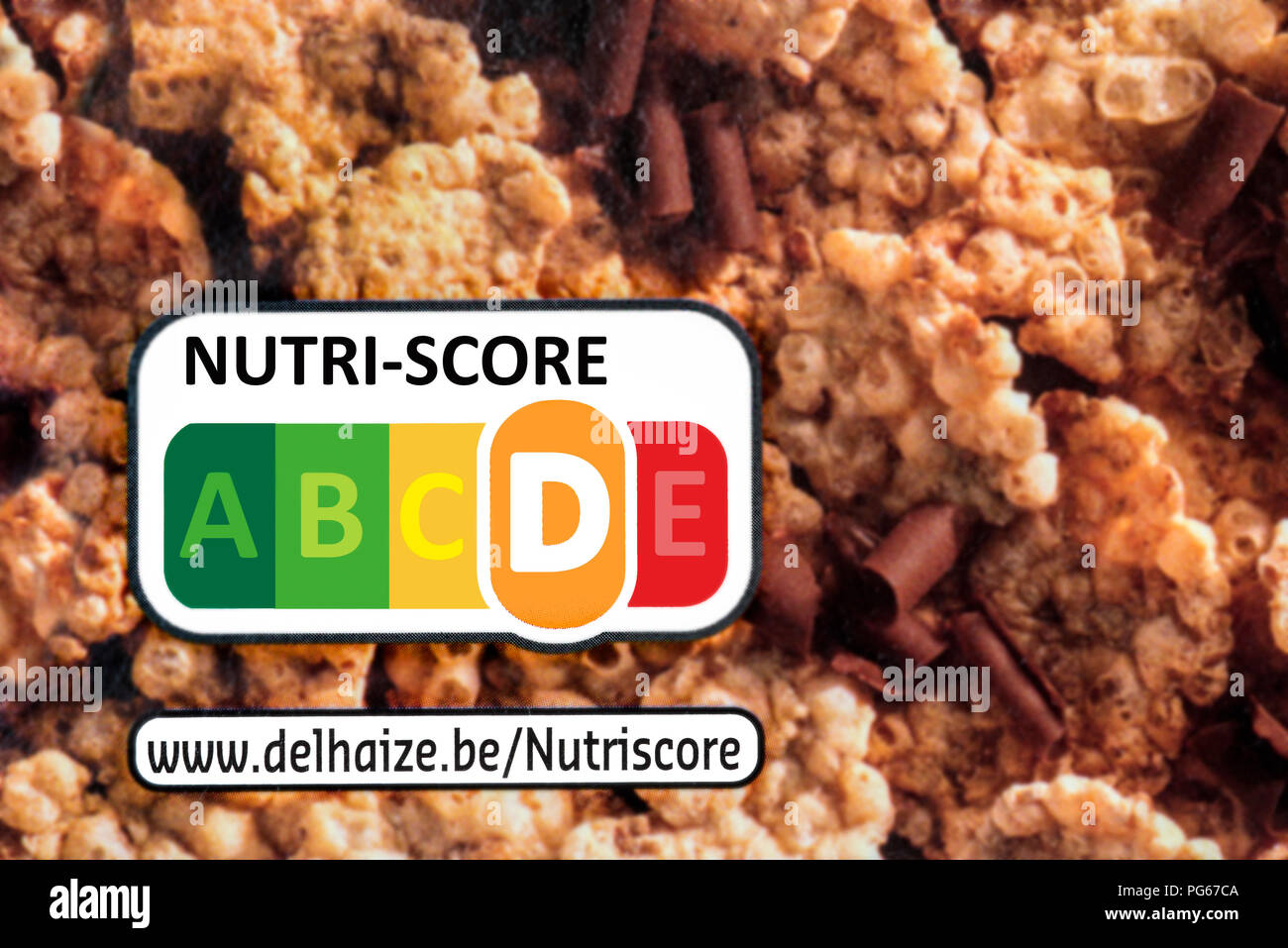 Ernährung label Nutri Punktzahl auf der Box von Delhaize Super Crunchy Flakes Stockfoto