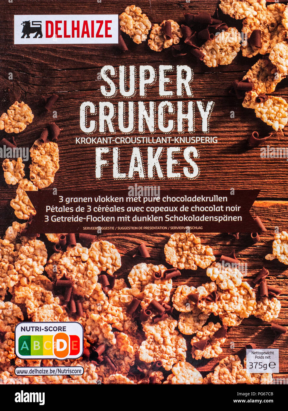 Ernährung label Nutri Punktzahl auf der Schachtel belgische Delhaize Super Crunchy Flakes Stockfoto