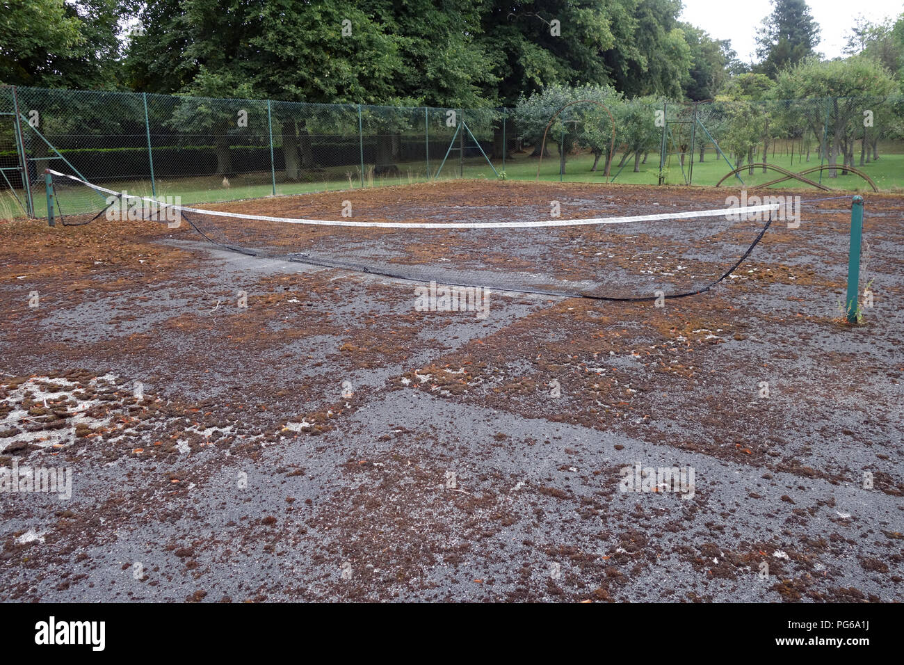 Stillgelegte Tennisplatz in schlechtem Zustand Stockfoto