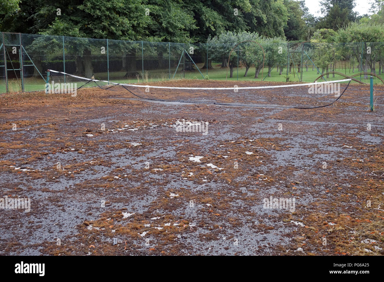 Stillgelegte Tennisplatz in schlechtem Zustand Stockfoto