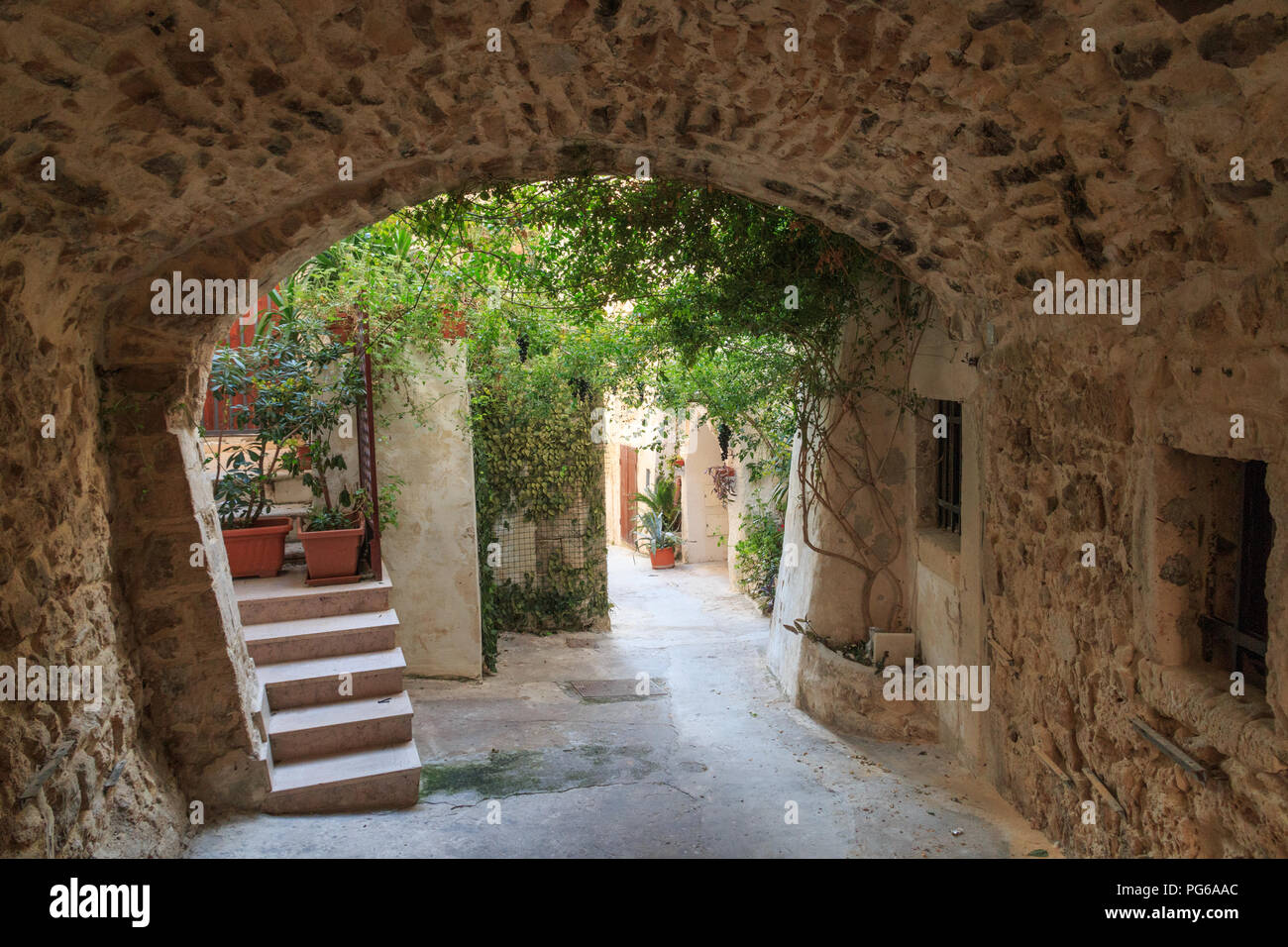 Italien, Foggia, Apulien, Italien, Nationalpark Gargano, Vieste. Altstadt, Fußgängerzone gewölbten Bahnen, bemalt, Rebe geschmückte Straßen. Stockfoto