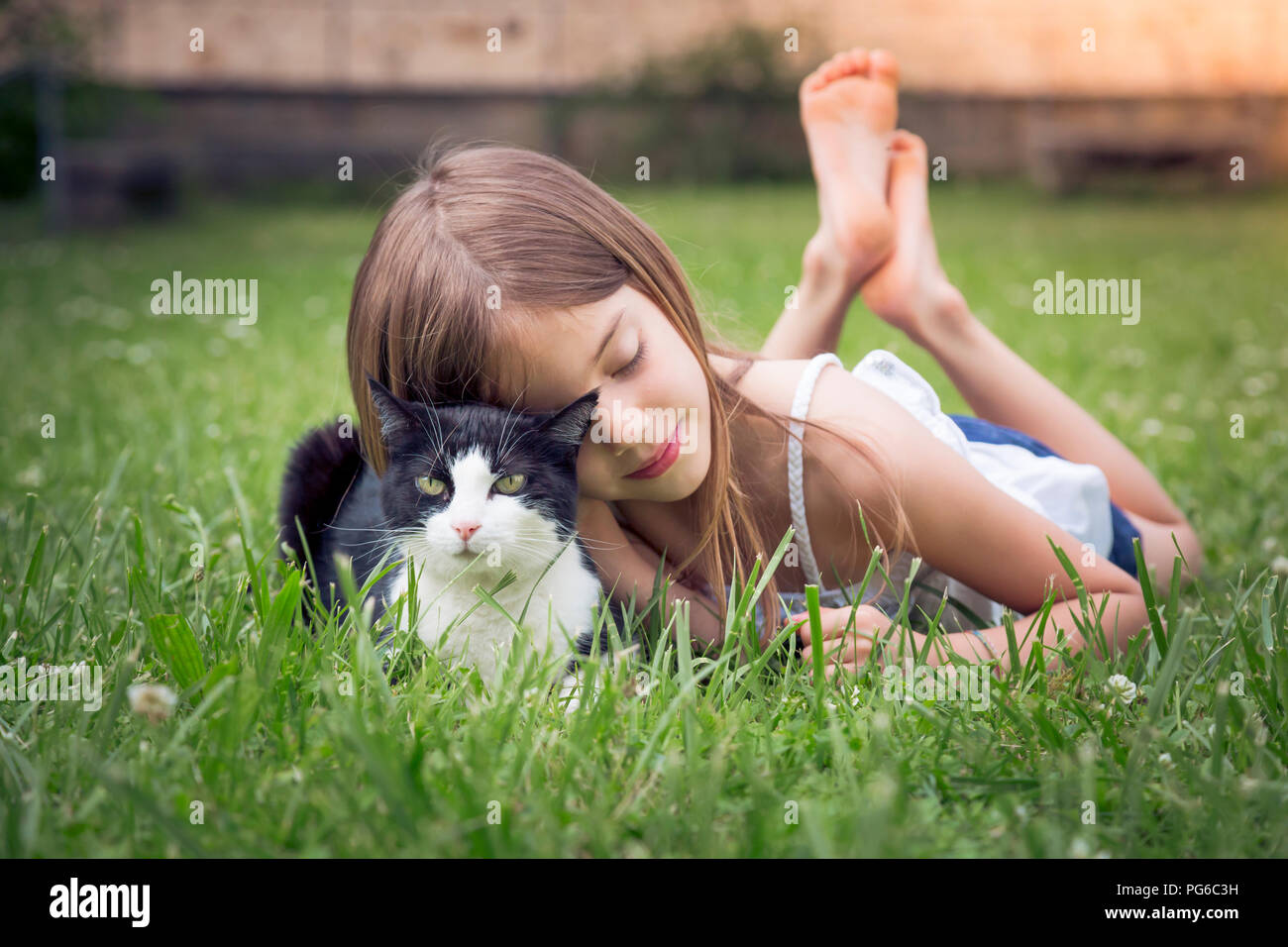 Kleines Mädchen Kuscheln mit cat auf einer Wiese Stockfoto